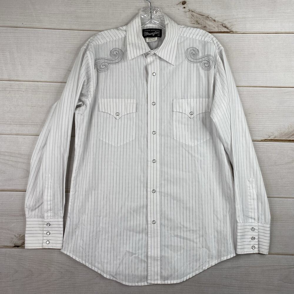 Vintage Wrangler Pearl Snap Short Sleeve Button Up White Embroidered Metallic